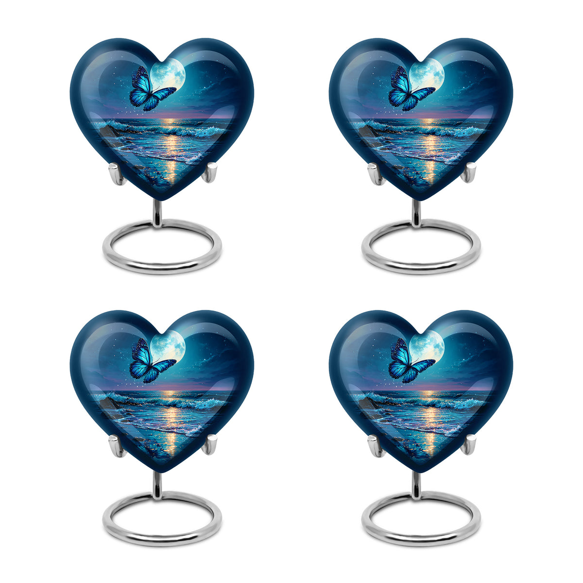 Slate Blue Butterfly Cremation Urn angled view of lid and engraved motif - heart-shaped butterfly design symbolizing eternal love - 10 inch aluminum urn for cremated remains