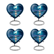 Slate Blue Butterfly Cremation Urn angled view of lid and engraved motif - heart-shaped butterfly design symbolizing eternal love - 10 inch aluminum urn for cremated remains