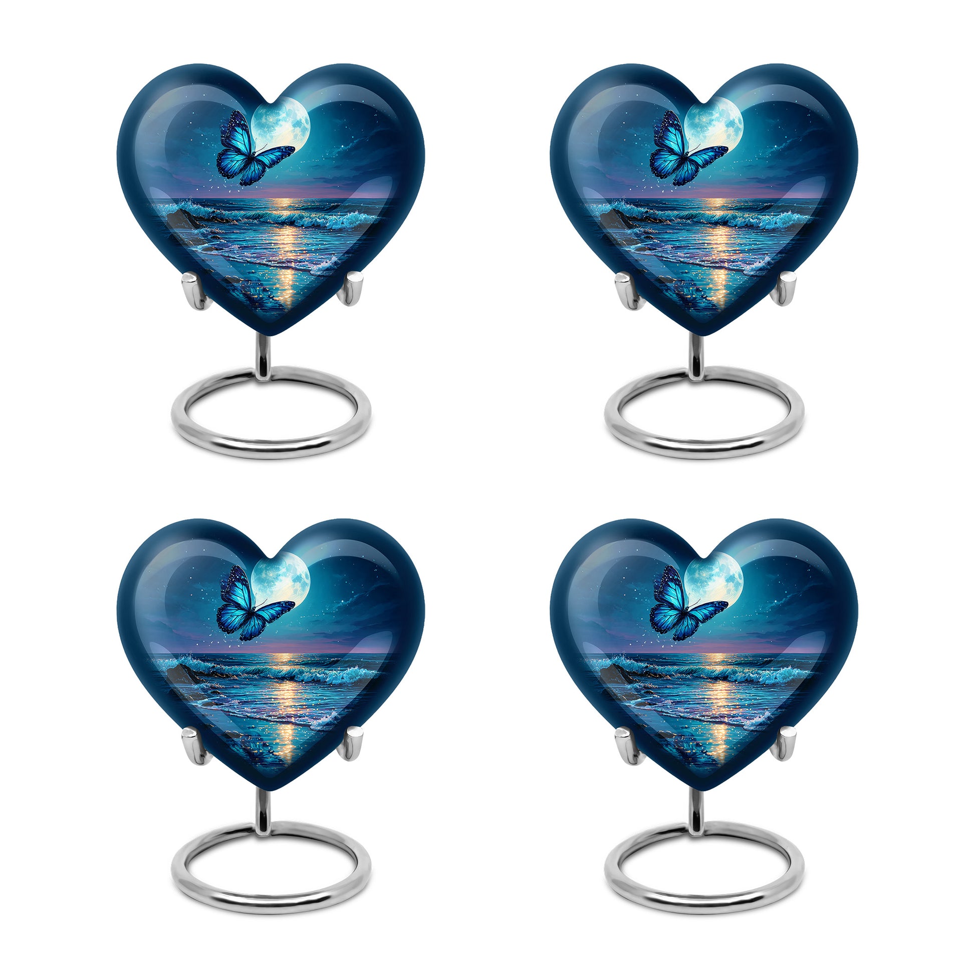 Slate Blue Butterfly Cremation Urn angled view of lid and engraved motif - heart-shaped butterfly design symbolizing eternal love - 10 inch aluminum urn for cremated remains