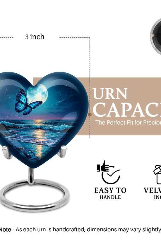 Bright Blue Butterfly Cremation Urn front view showing detailed design - compassionate heart-butterfly combination with gentle curves - mini keepsake memorial for portion of cremation ashes