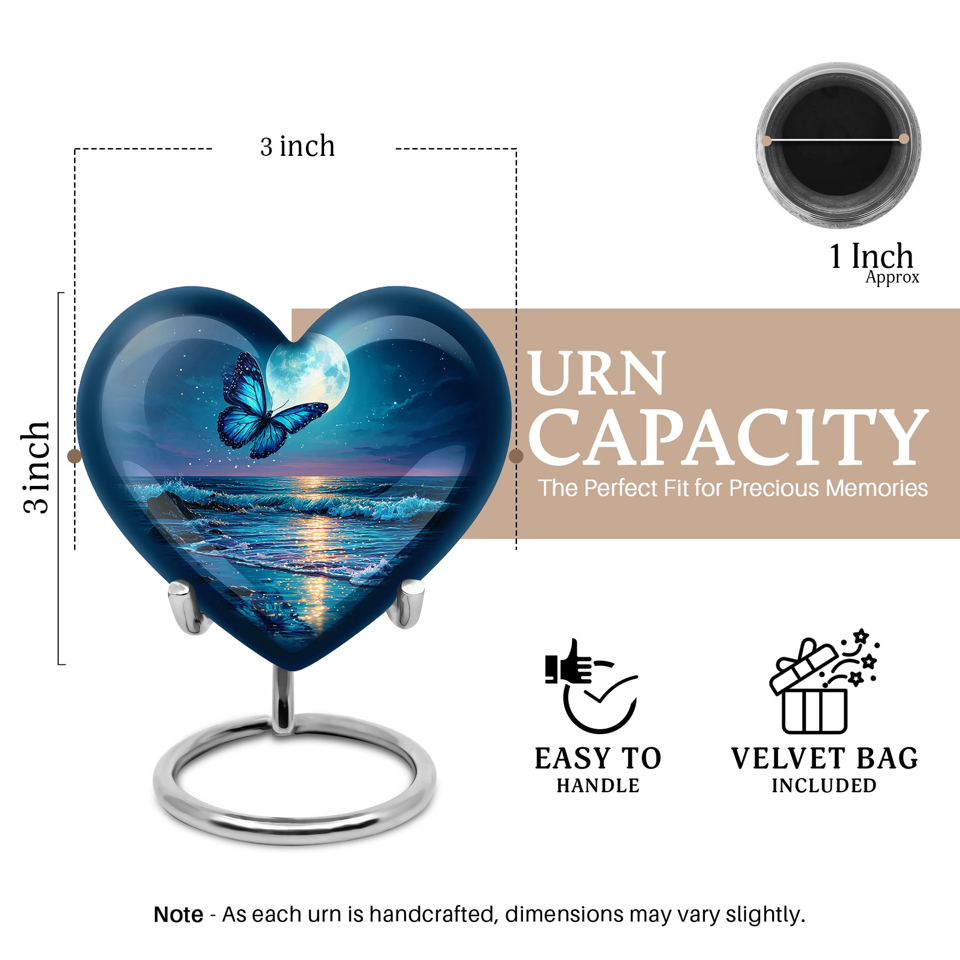 Bright Blue Butterfly Cremation Urn front view showing detailed design - compassionate heart-butterfly combination with gentle curves - mini keepsake memorial for portion of cremation ashes