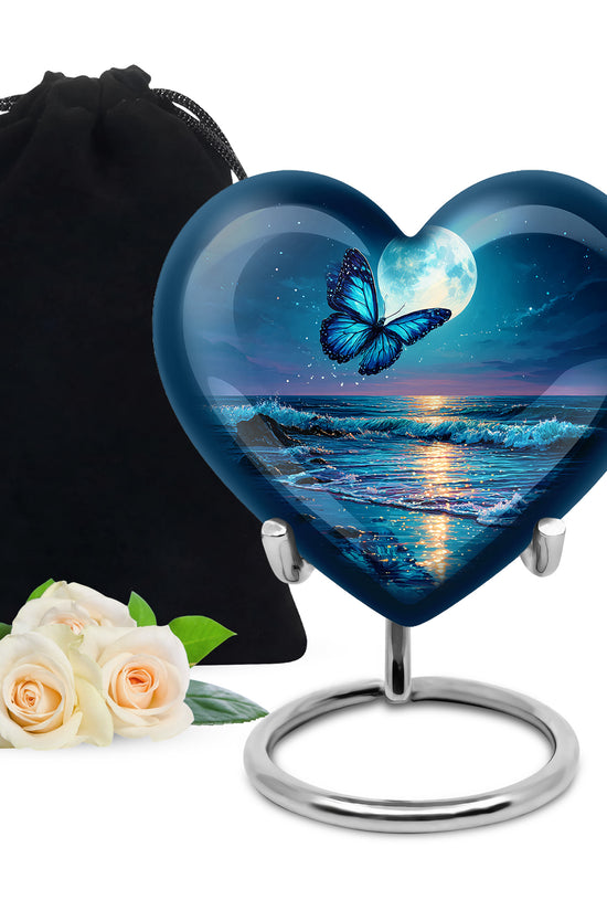 Pastel Blue Butterfly Cremation Urn detail view - loving heart memorial featuring butterfly pattern - full-size 10 inch 200 cubic inch adult cremation urn