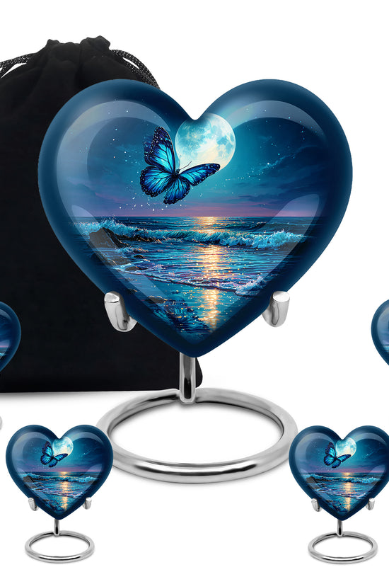 Misty Blue Butterfly Cremation Urn close-up of engraving and surface detail - loving heart memorial featuring butterfly pattern - memorial set with one large and four small urns