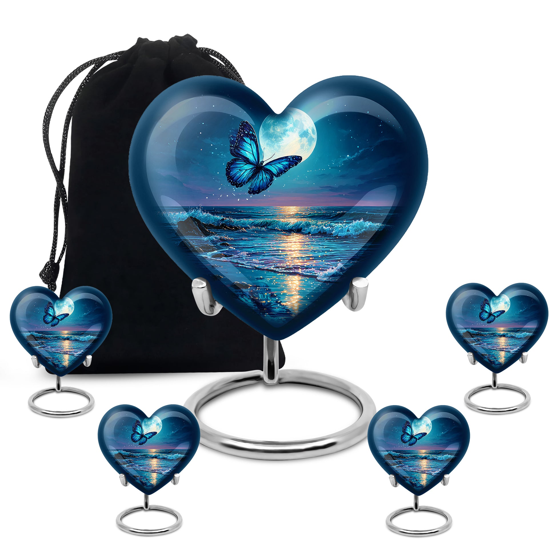 Misty Blue Butterfly Cremation Urn close-up of engraving and surface detail - loving heart memorial featuring butterfly pattern - memorial set with one large and four small urns