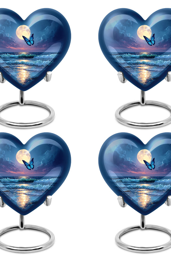 Bright Blue Butterfly Cremation Urn angled view of lid and engraved motif - compassionate heart-butterfly combination with gentle curves - 10 inch aluminum urn for cremated remains