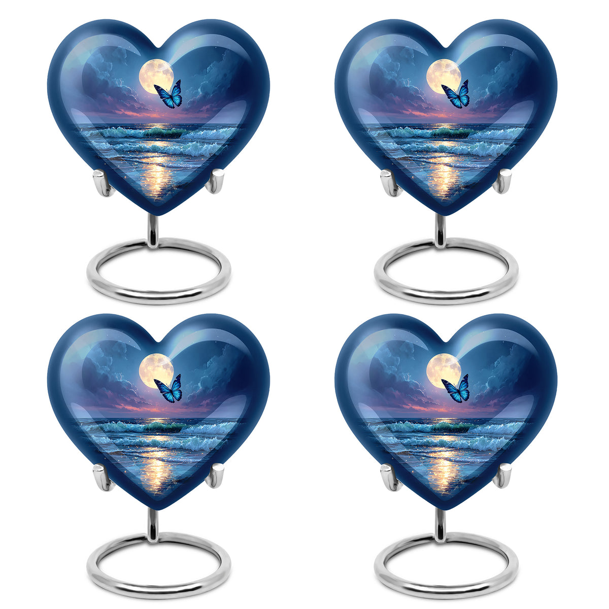 Bright Blue Butterfly Cremation Urn angled view of lid and engraved motif - compassionate heart-butterfly combination with gentle curves - 10 inch aluminum urn for cremated remains
