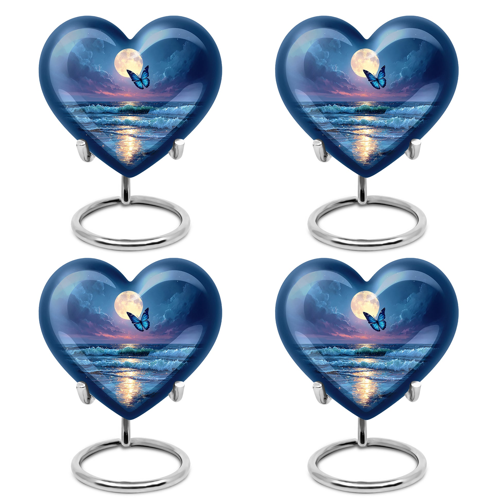 Bright Blue Butterfly Cremation Urn angled view of lid and engraved motif - compassionate heart-butterfly combination with gentle curves - 10 inch aluminum urn for cremated remains