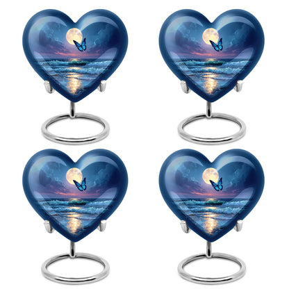 Bright Blue Butterfly Cremation Urn angled view of lid and engraved motif - compassionate heart-butterfly combination with gentle curves - 10 inch aluminum urn for cremated remains
