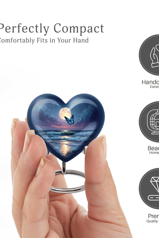 Icy Blue Butterfly Cremation Urn front view showing detailed design - heart-shaped butterfly design symbolizing eternal love - mini keepsake memorial for portion of cremation ashes