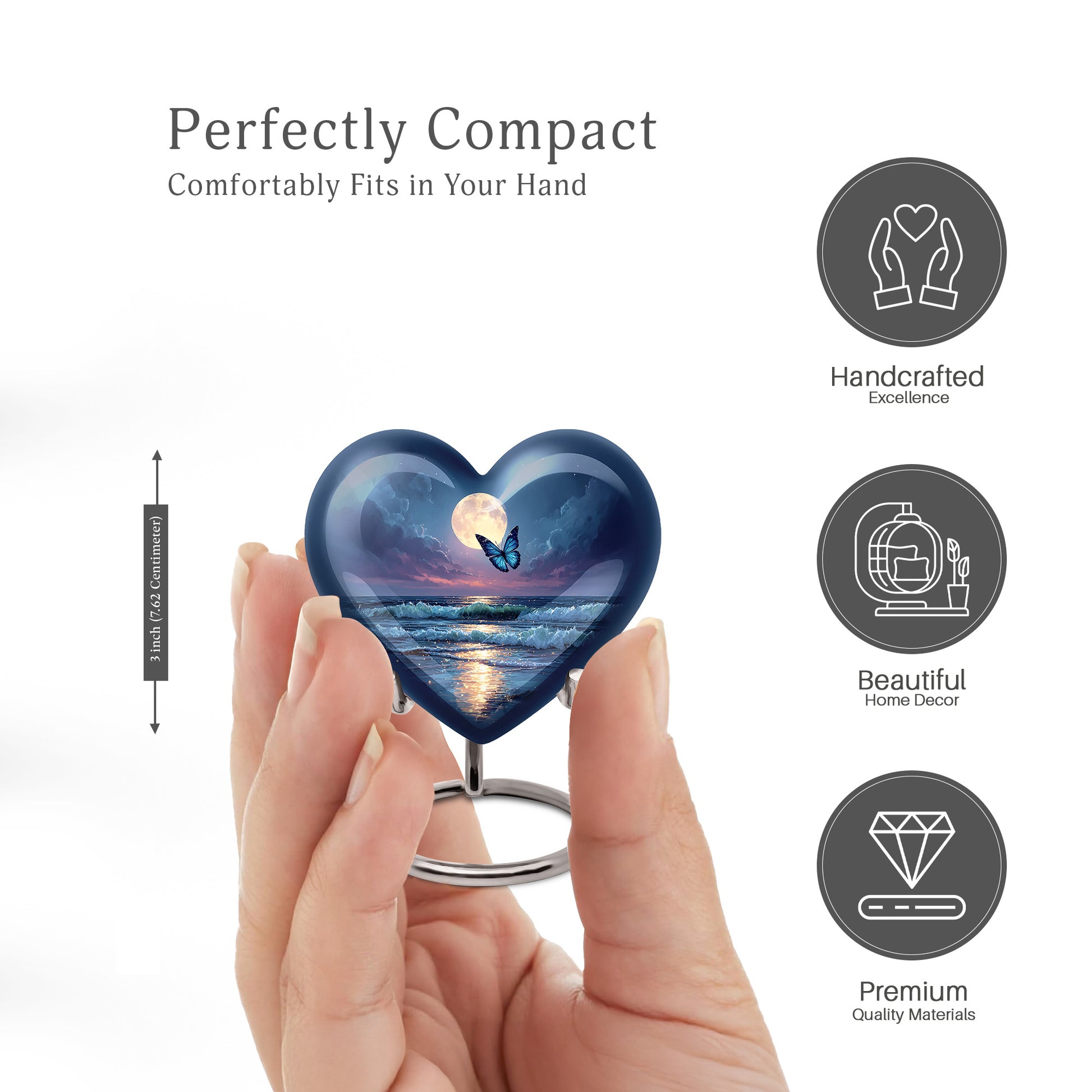Icy Blue Butterfly Cremation Urn front view showing detailed design - heart-shaped butterfly design symbolizing eternal love - mini keepsake memorial for portion of cremation ashes