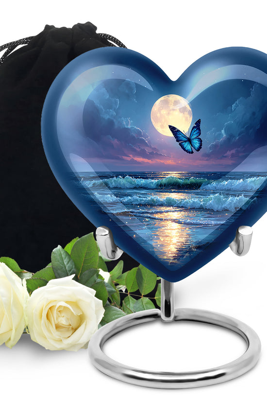 Calming Blue Butterfly Cremation Urn detail view - compassionate heart-butterfly combination with gentle curves - full-size 10 inch 200 cubic inch adult cremation urn