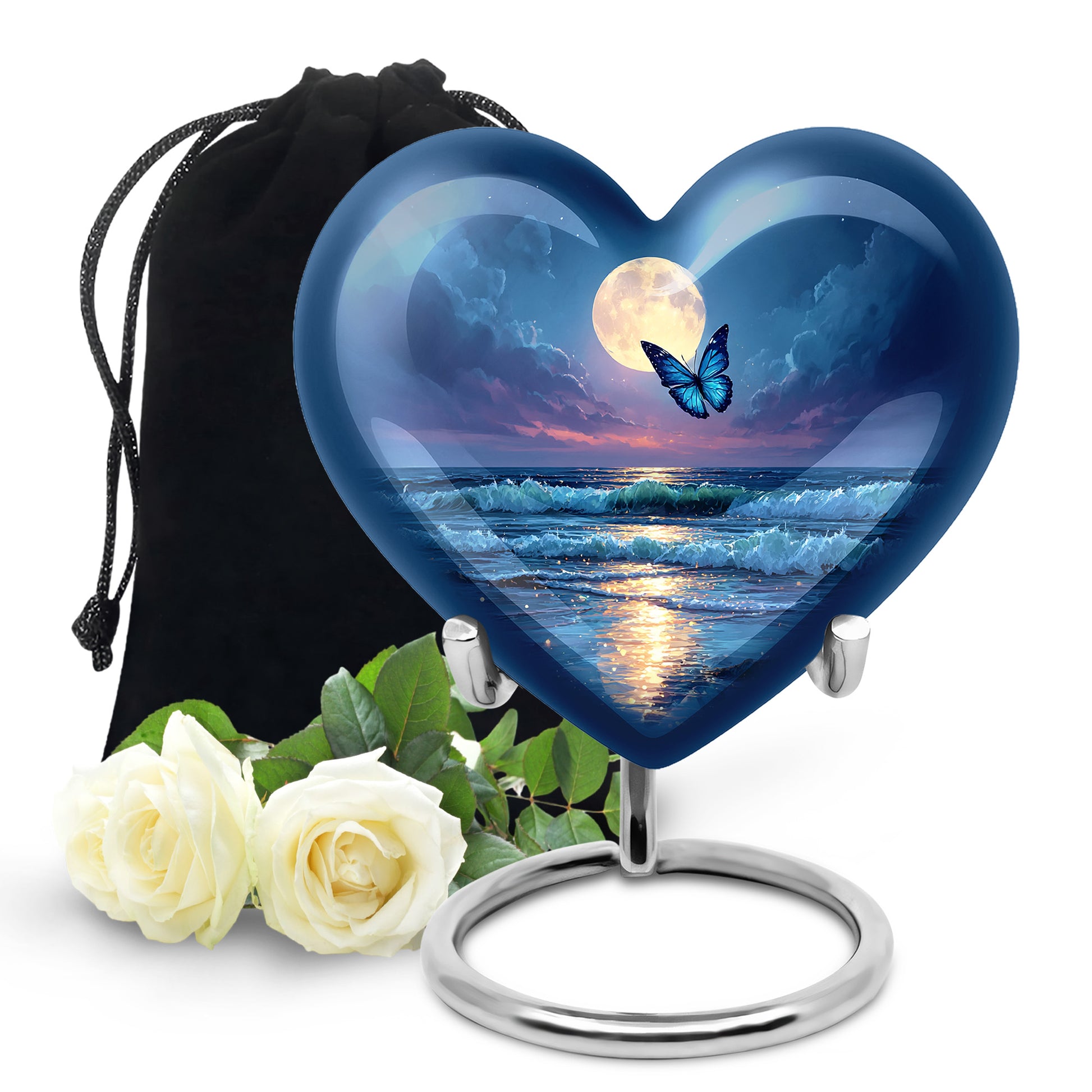 Calming Blue Butterfly Cremation Urn detail view - compassionate heart-butterfly combination with gentle curves - full-size 10 inch 200 cubic inch adult cremation urn