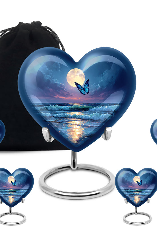 Pastel Blue Butterfly Cremation Urn close-up of engraving and surface detail - loving heart memorial featuring butterfly pattern - memorial set with one large and four small urns