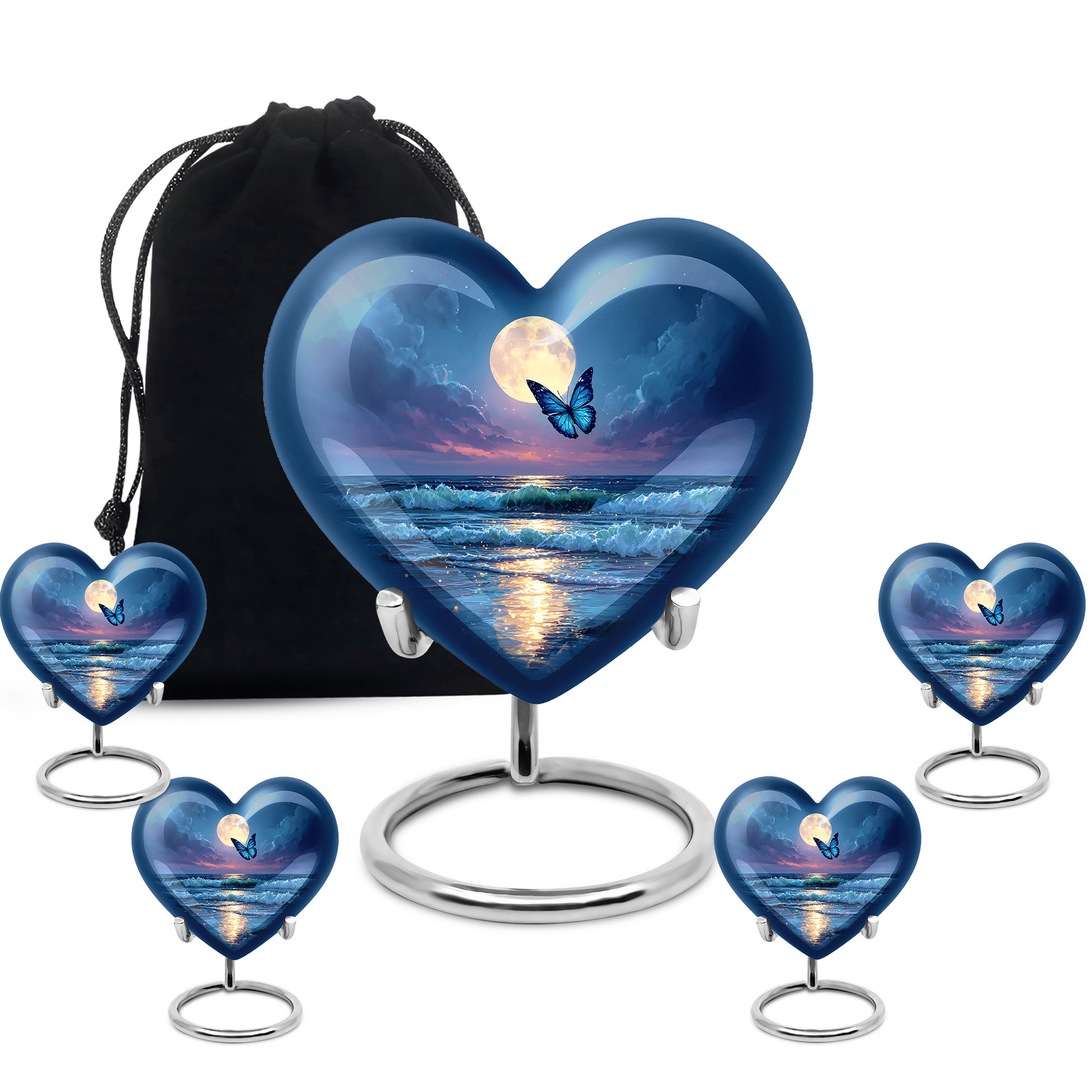 Pastel Blue Butterfly Cremation Urn close-up of engraving and surface detail - loving heart memorial featuring butterfly pattern - memorial set with one large and four small urns