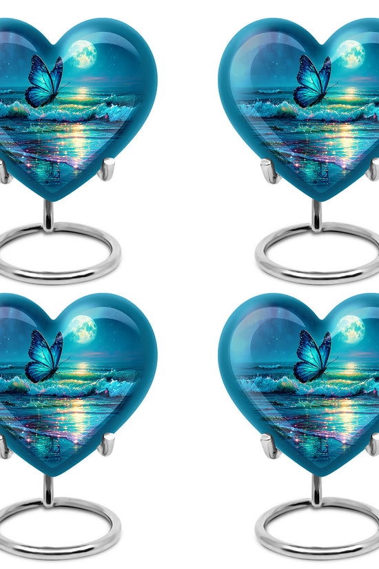 Sky Blue Butterfly Cremation Urn angled view of lid and engraved motif - loving heart memorial featuring butterfly pattern - 10 inch aluminum urn for cremated remains