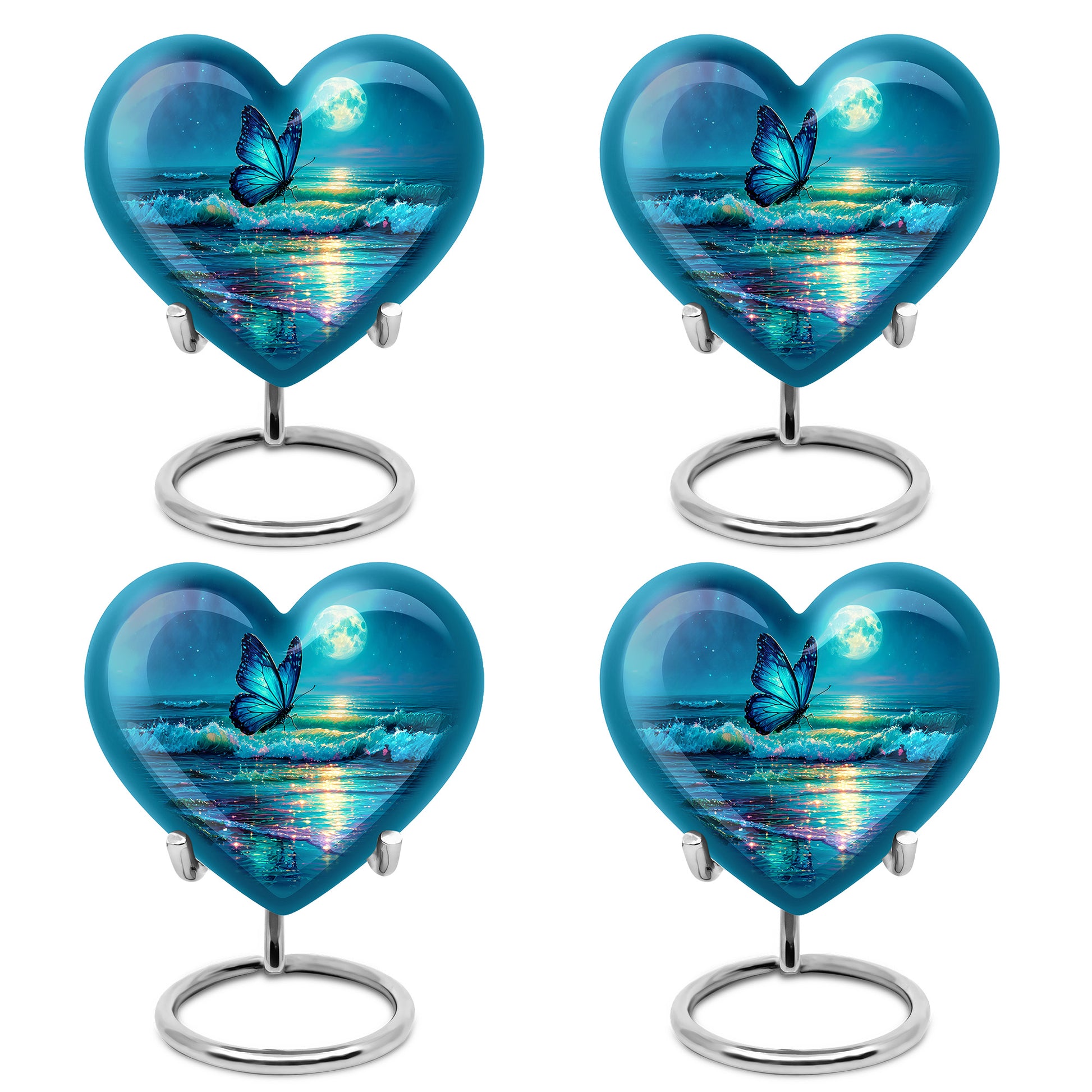 Sky Blue Butterfly Cremation Urn angled view of lid and engraved motif - loving heart memorial featuring butterfly pattern - 10 inch aluminum urn for cremated remains