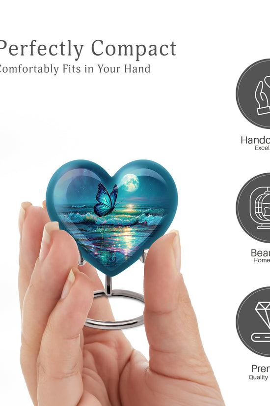 Pastel Blue Butterfly Cremation Urn front view showing detailed design - heart-shaped butterfly design symbolizing eternal love - mini keepsake memorial for portion of cremation ashes