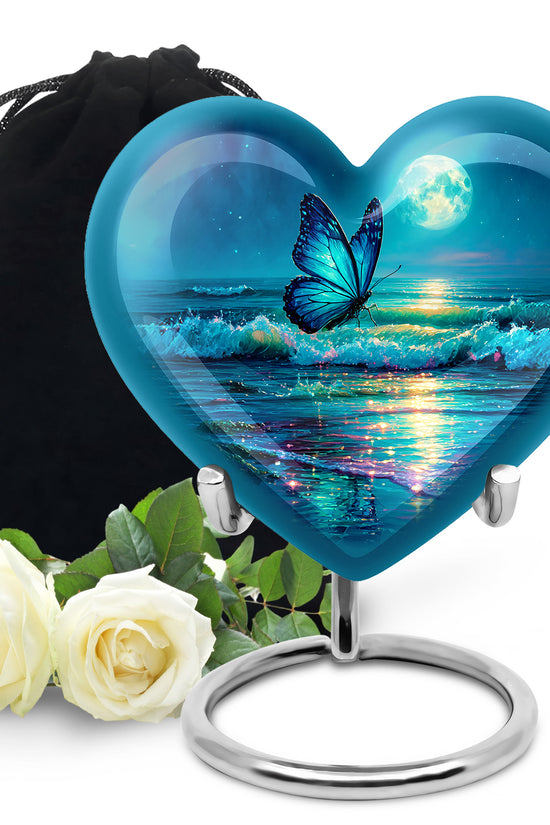 Celestial Blue Butterfly Cremation Urn detail view - heart-shaped butterfly design symbolizing eternal love - full-size 10 inch 200 cubic inch adult cremation urn
