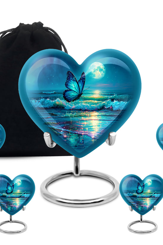 Indigo Butterfly Cremation Urn close-up of engraving and surface detail - loving heart memorial featuring butterfly pattern - memorial set with one large and four small urns