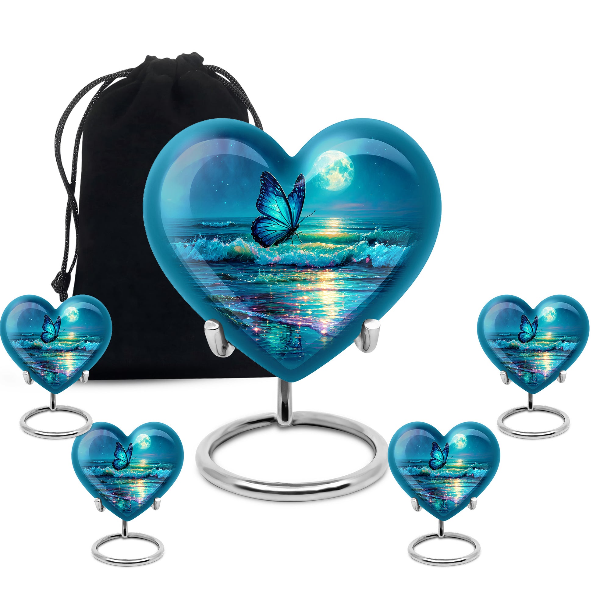 Indigo Butterfly Cremation Urn close-up of engraving and surface detail - loving heart memorial featuring butterfly pattern - memorial set with one large and four small urns