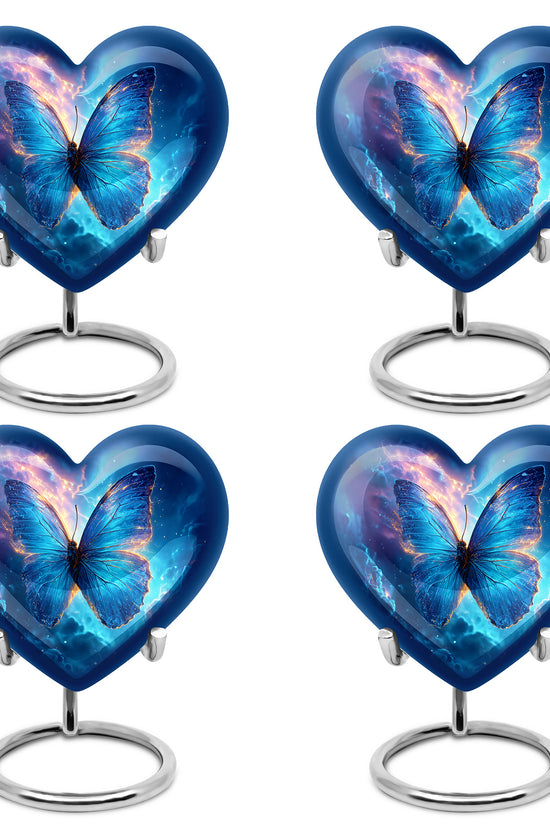 Icy Blue Butterfly Cremation Urn angled view of lid and engraved motif - loving heart memorial featuring butterfly pattern - 10 inch aluminum urn for cremated remains