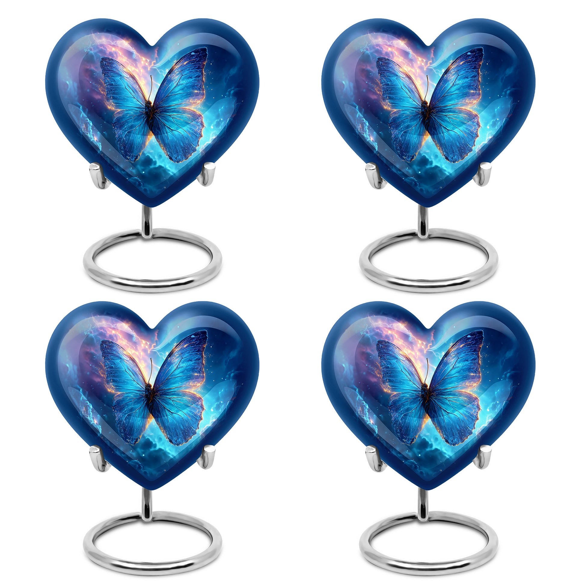 Icy Blue Butterfly Cremation Urn angled view of lid and engraved motif - loving heart memorial featuring butterfly pattern - 10 inch aluminum urn for cremated remains