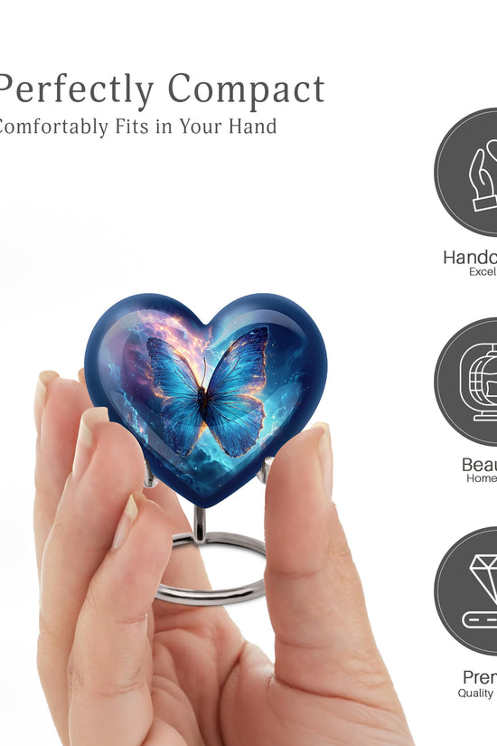 Twilight Blue Butterfly Cremation Urn front view showing detailed design - compassionate heart-butterfly combination with gentle curves - mini keepsake memorial for portion of cremation ashes