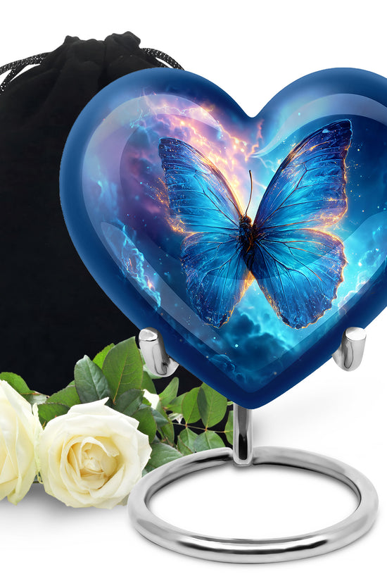 Powder Blue Butterfly Cremation Urn detail view - heart-shaped butterfly design symbolizing eternal love - full-size 10 inch 200 cubic inch adult cremation urn
