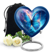 Powder Blue Butterfly Cremation Urn detail view - heart-shaped butterfly design symbolizing eternal love - full-size 10 inch 200 cubic inch adult cremation urn