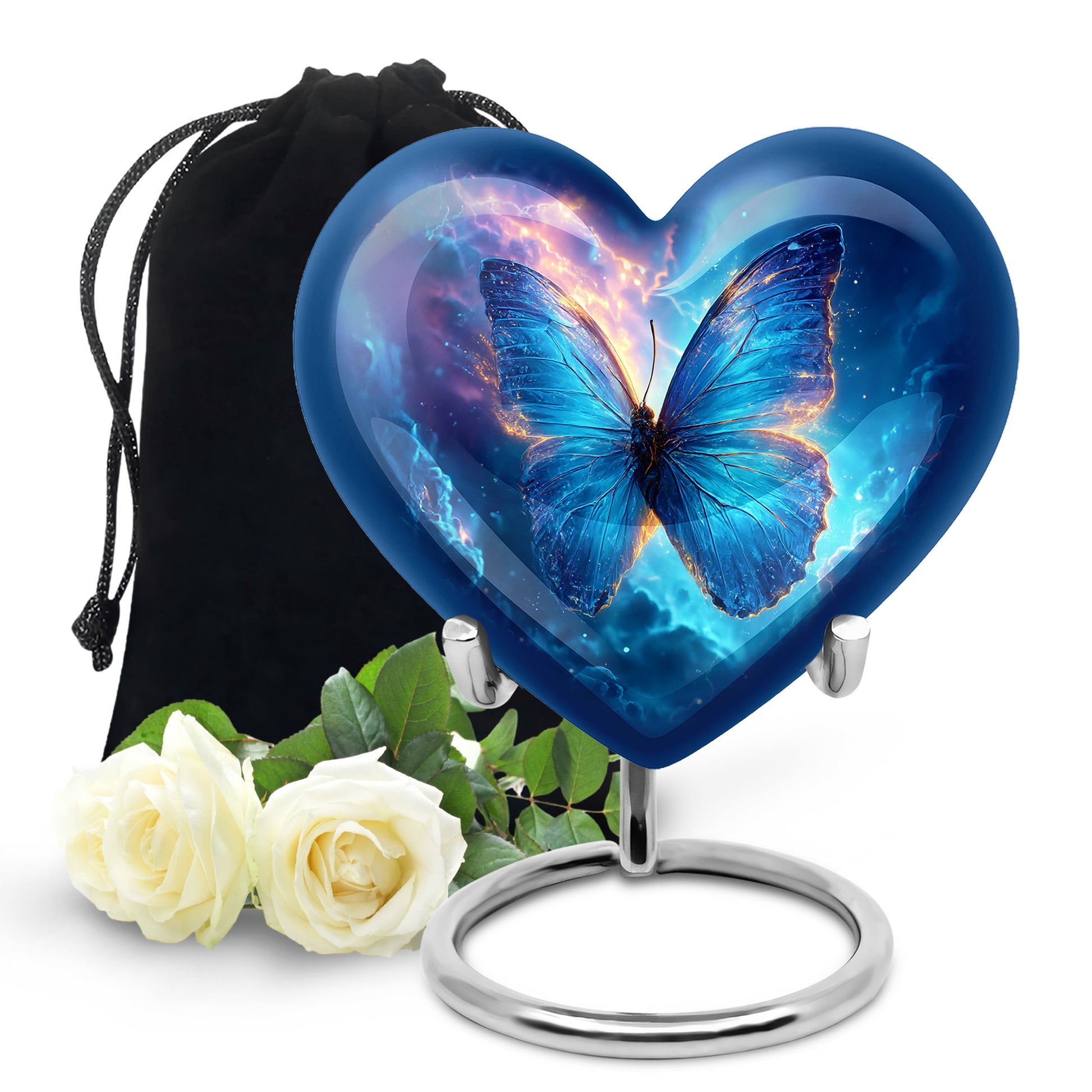 Powder Blue Butterfly Cremation Urn detail view - heart-shaped butterfly design symbolizing eternal love - full-size 10 inch 200 cubic inch adult cremation urn