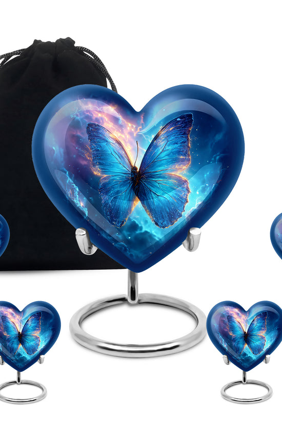 Slate Blue Butterfly Cremation Urn close-up of engraving and surface detail - heart-shaped butterfly design symbolizing eternal love - memorial set with one large and four small urns