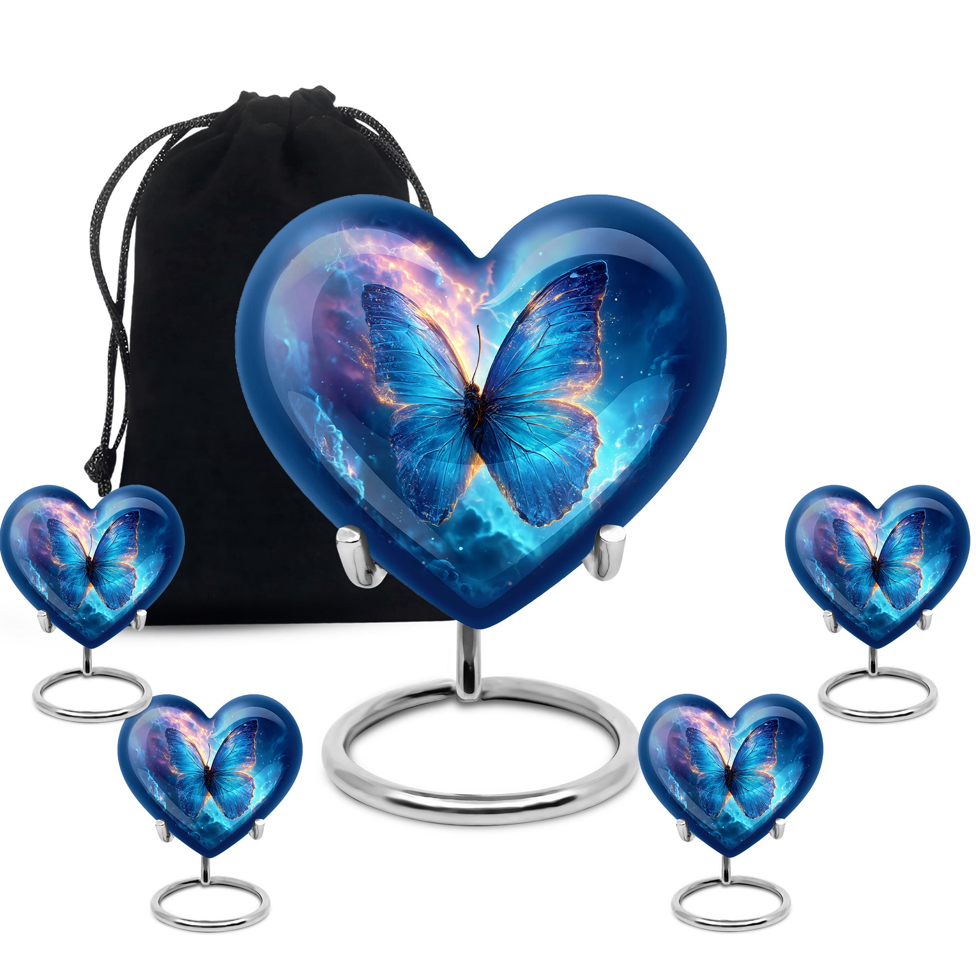 Slate Blue Butterfly Cremation Urn close-up of engraving and surface detail - heart-shaped butterfly design symbolizing eternal love - memorial set with one large and four small urns
