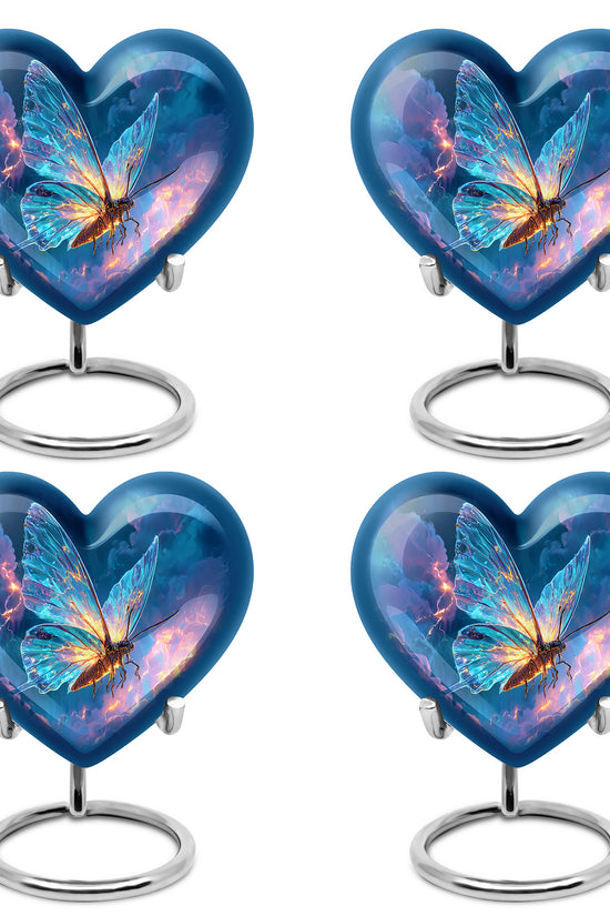 Misty Blue Butterfly Cremation Urn angled view of lid and engraved motif - loving heart memorial featuring butterfly pattern - 10 inch aluminum urn for cremated remains