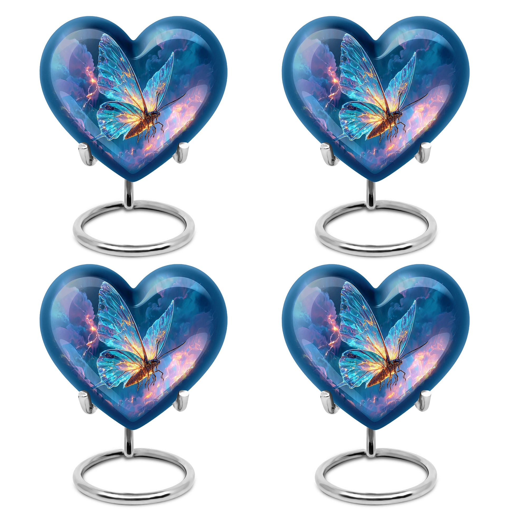 Misty Blue Butterfly Cremation Urn angled view of lid and engraved motif - loving heart memorial featuring butterfly pattern - 10 inch aluminum urn for cremated remains