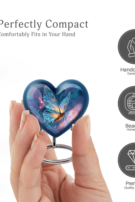 Sapphire Blue Butterfly Cremation Urn front view showing detailed design - romantic heart urn with butterfly motif on aluminum - mini keepsake memorial for portion of cremation ashes