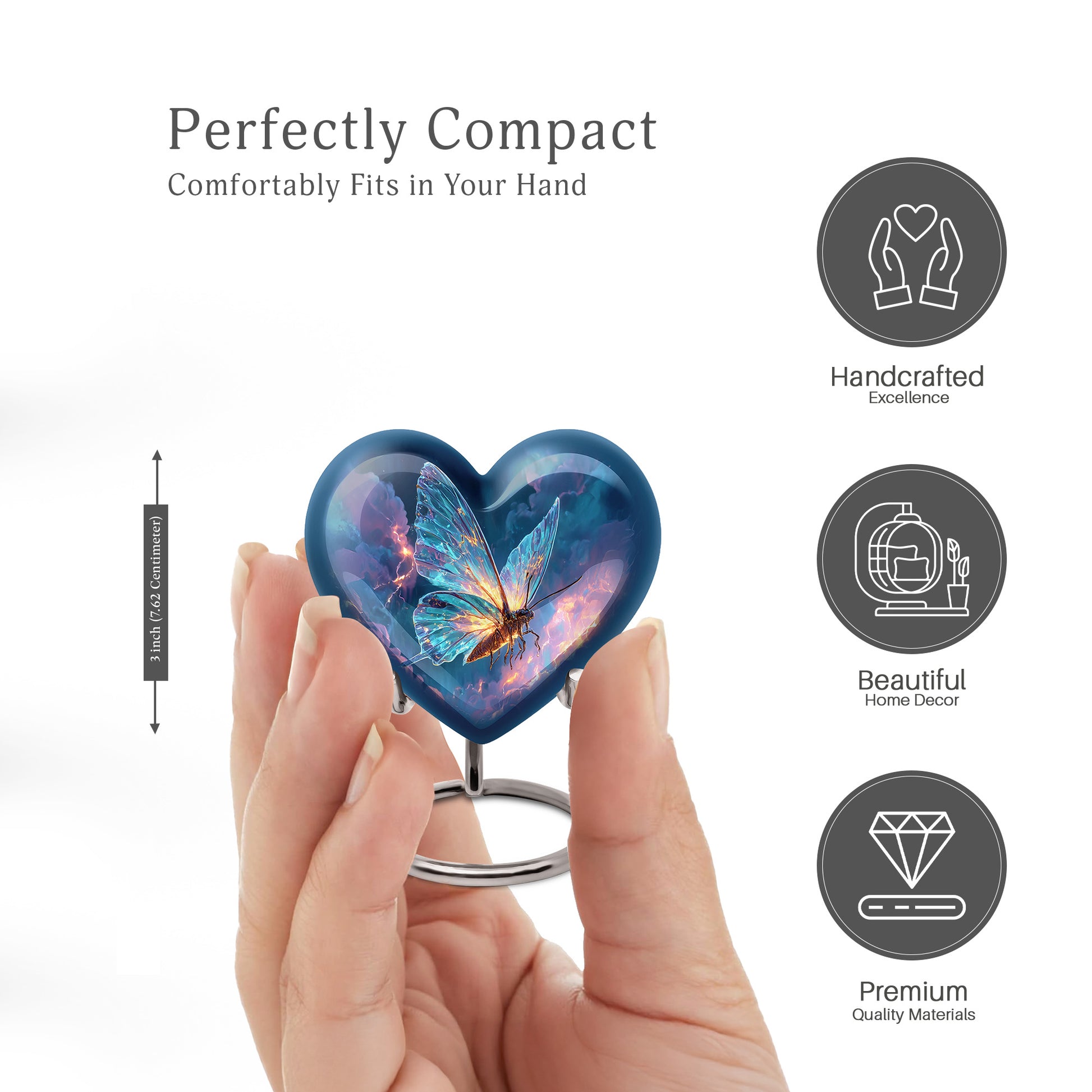 Sapphire Blue Butterfly Cremation Urn front view showing detailed design - romantic heart urn with butterfly motif on aluminum - mini keepsake memorial for portion of cremation ashes