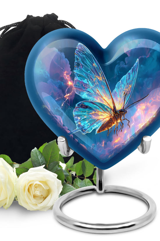 Celestial Blue Butterfly Cremation Urn detail view - heart-shaped butterfly design symbolizing eternal love - full-size 10 inch 200 cubic inch adult cremation urn