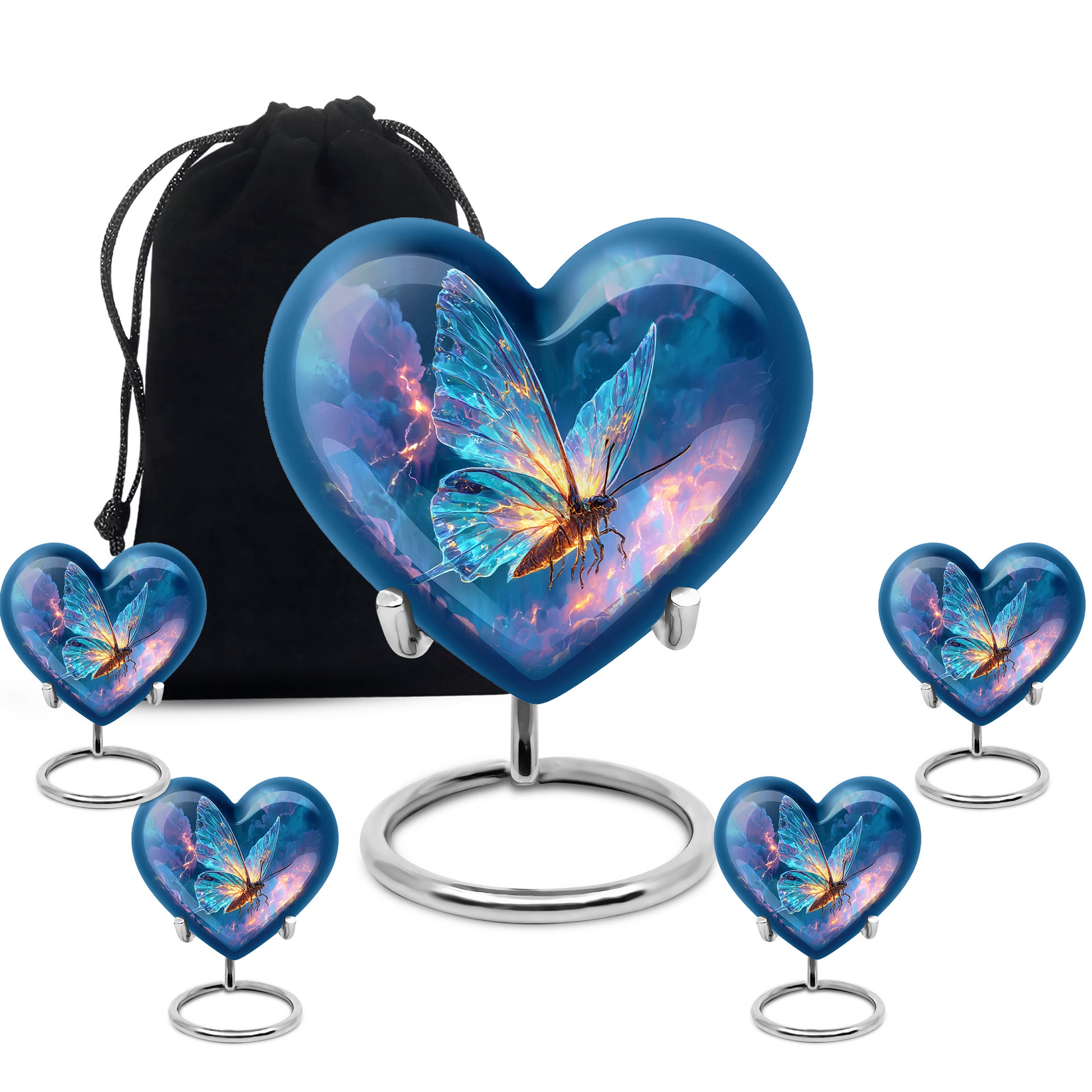 Sapphire Blue Butterfly Cremation Urn close-up of engraving and surface detail - compassionate heart-butterfly combination with gentle curves - memorial set with one large and four small urns
