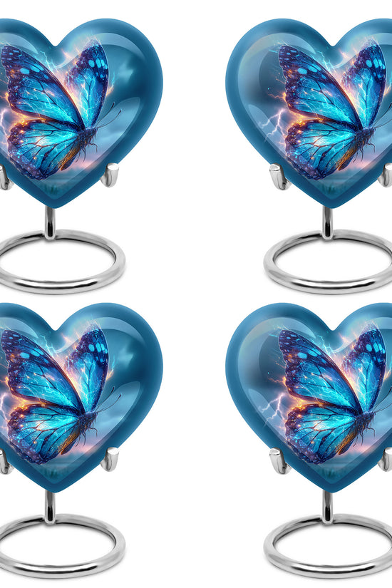 Twilight Blue Butterfly Cremation Urn angled view of lid and engraved motif - romantic heart urn with butterfly motif on aluminum - 10 inch aluminum urn for cremated remains
