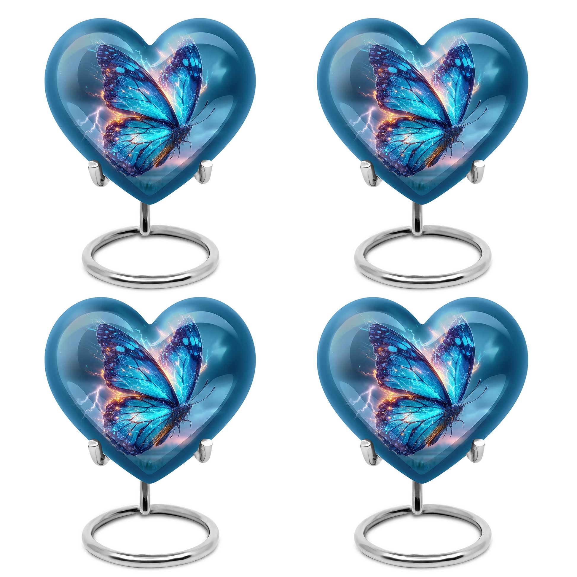 Twilight Blue Butterfly Cremation Urn angled view of lid and engraved motif - romantic heart urn with butterfly motif on aluminum - 10 inch aluminum urn for cremated remains