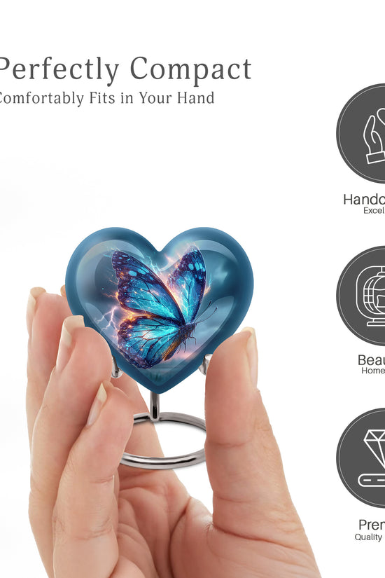 Dusty Blue Butterfly Cremation Urn front view showing detailed design - heart-shaped butterfly design symbolizing eternal love - mini keepsake memorial for portion of cremation ashes
