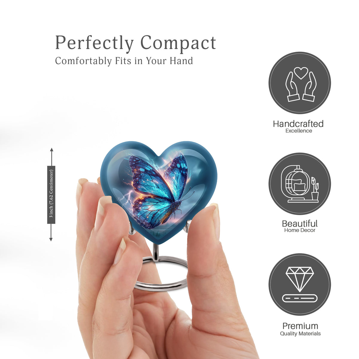 Dusty Blue Butterfly Cremation Urn front view showing detailed design - heart-shaped butterfly design symbolizing eternal love - mini keepsake memorial for portion of cremation ashes