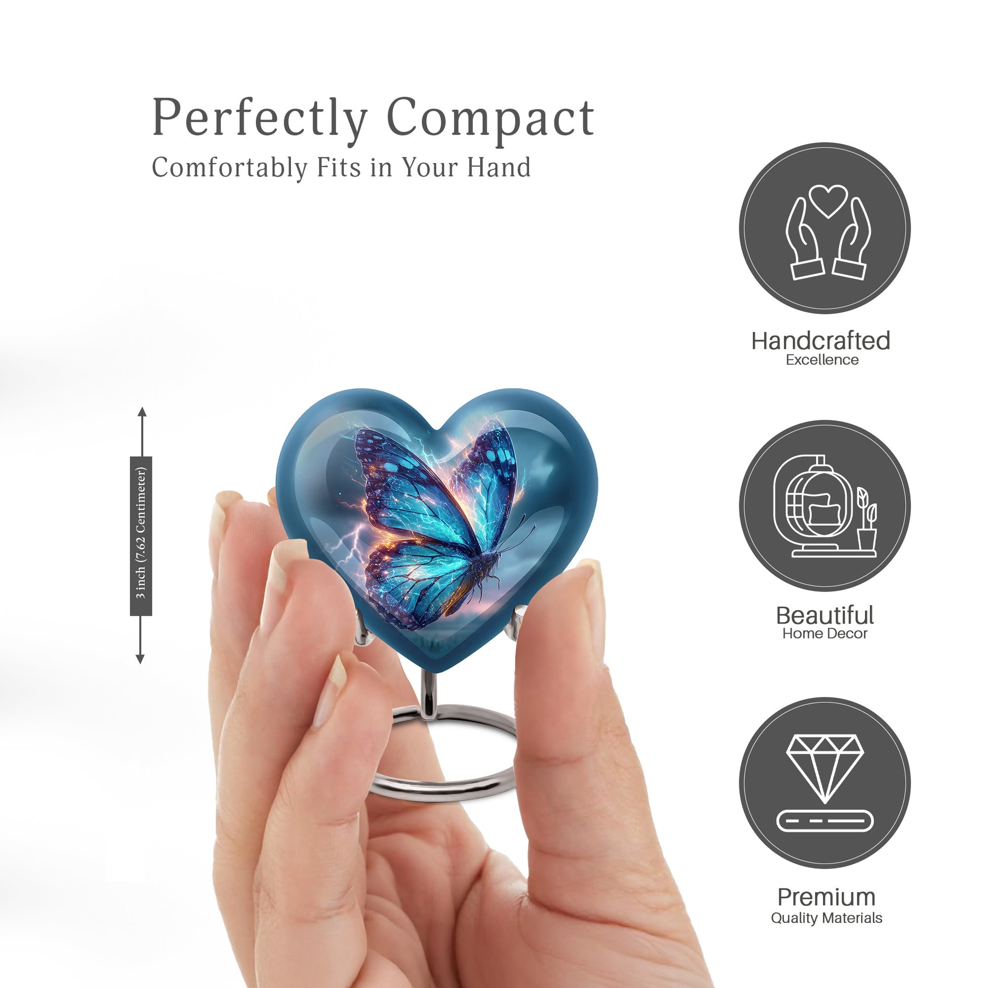 Dusty Blue Butterfly Cremation Urn front view showing detailed design - heart-shaped butterfly design symbolizing eternal love - mini keepsake memorial for portion of cremation ashes