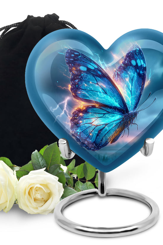 Sapphire Blue Butterfly Cremation Urn detail view - romantic heart urn with butterfly motif on aluminum - full-size 10 inch 200 cubic inch adult cremation urn