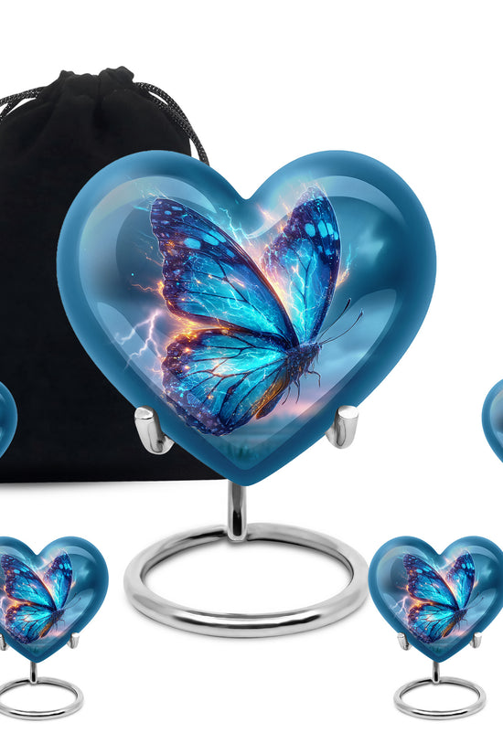 Slate Blue Butterfly Cremation Urn close-up of engraving and surface detail - heart-shaped butterfly design symbolizing eternal love - memorial set with one large and four small urns