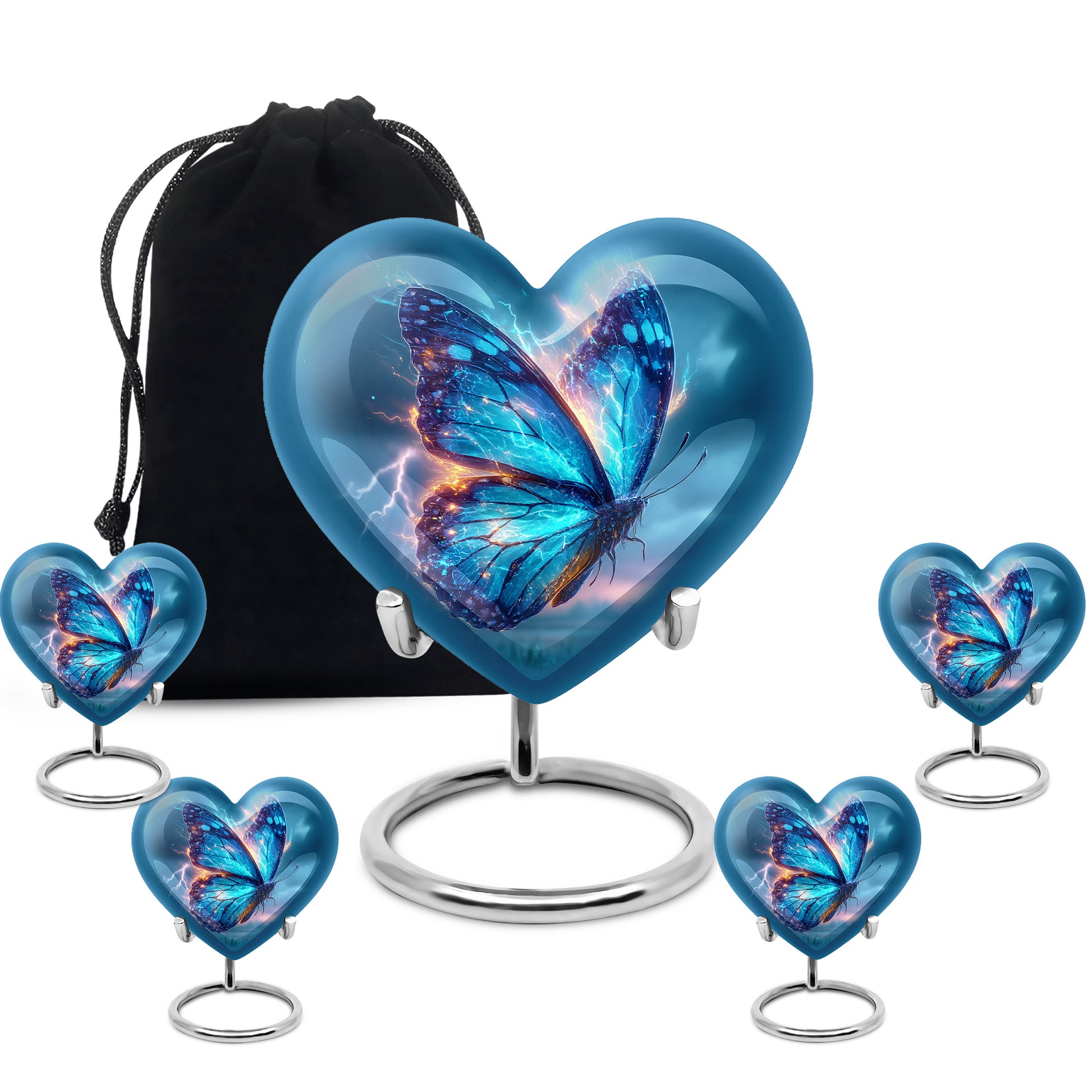 Slate Blue Butterfly Cremation Urn close-up of engraving and surface detail - heart-shaped butterfly design symbolizing eternal love - memorial set with one large and four small urns