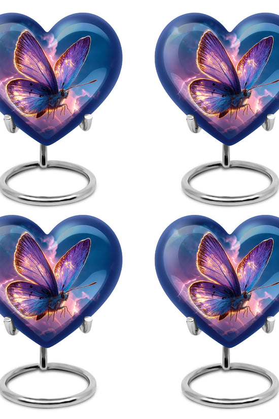 Royal Blue Butterfly Cremation Urn angled view of lid and engraved motif - romantic heart urn with butterfly motif on aluminum - 10 inch aluminum urn for cremated remains
