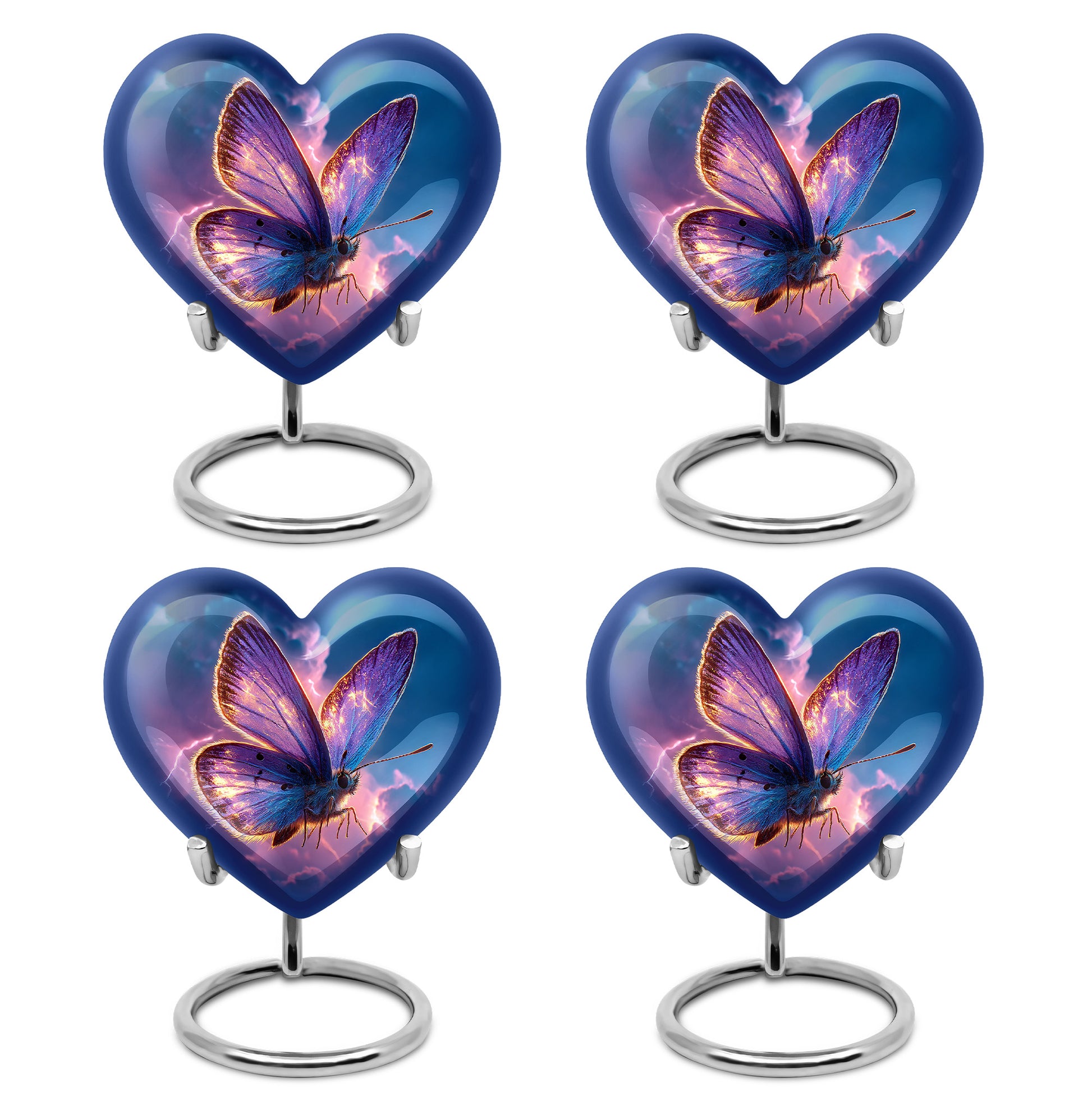 Royal Blue Butterfly Cremation Urn angled view of lid and engraved motif - romantic heart urn with butterfly motif on aluminum - 10 inch aluminum urn for cremated remains
