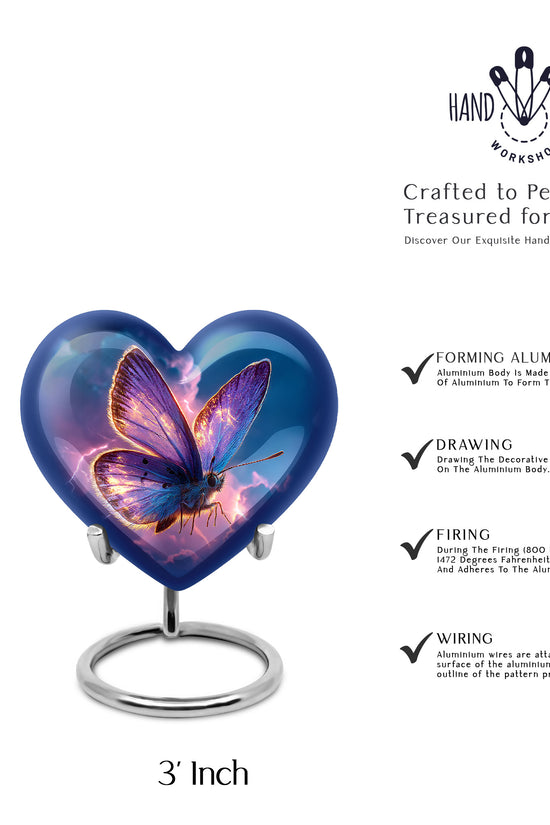 Steel Blue Butterfly Cremation Urn front view showing detailed design - compassionate heart-butterfly combination with gentle curves - mini keepsake memorial for portion of cremation ashes