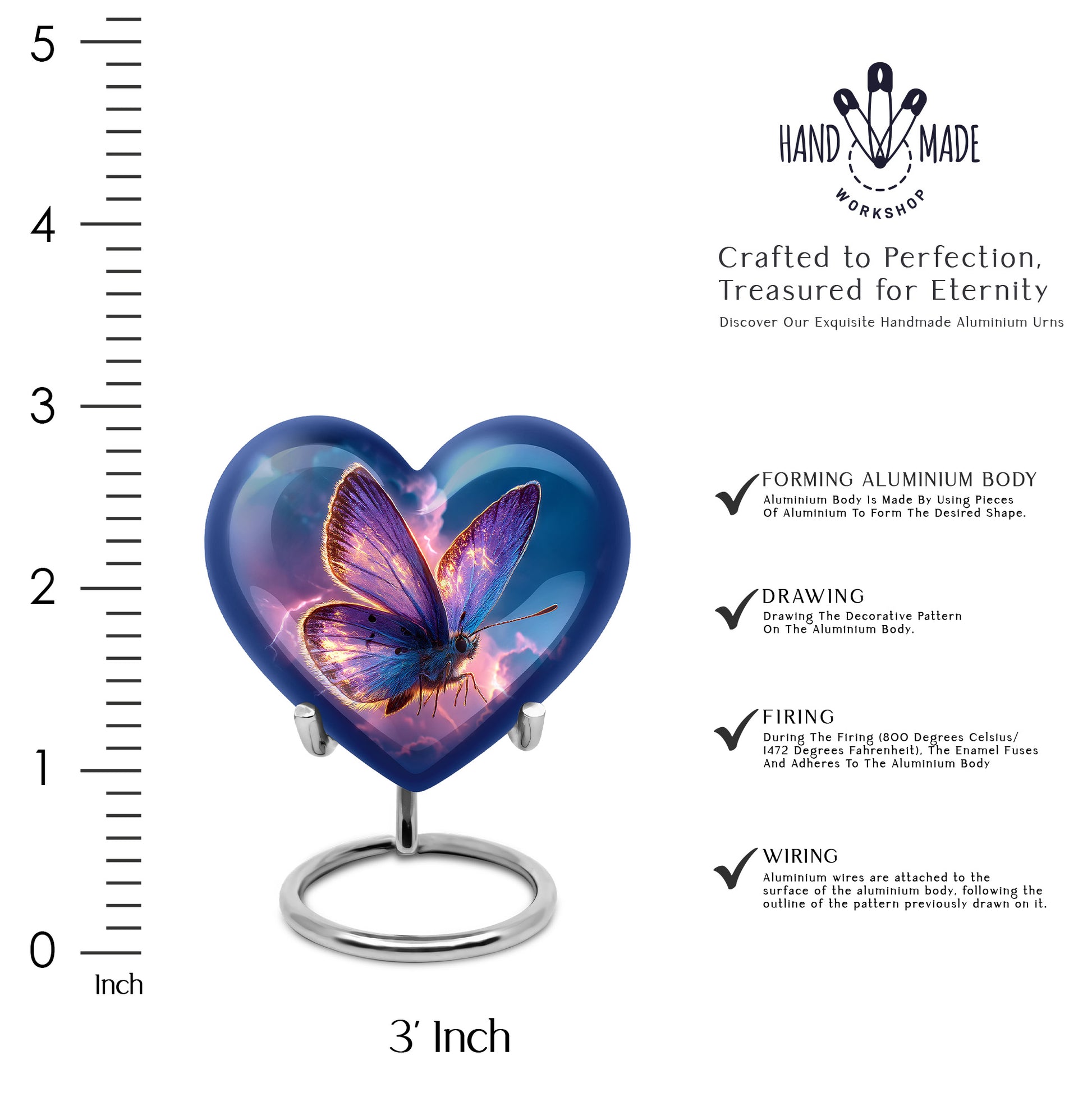 Steel Blue Butterfly Cremation Urn front view showing detailed design - compassionate heart-butterfly combination with gentle curves - mini keepsake memorial for portion of cremation ashes